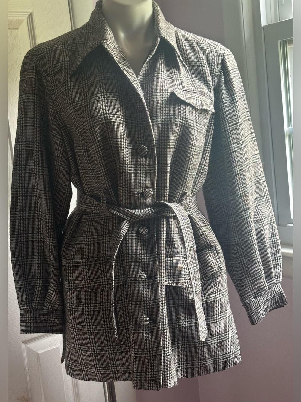 MARSH LANDINGS Houndstooth Belted Jacket White Black Belted 1 Pocket Jack Sz PL